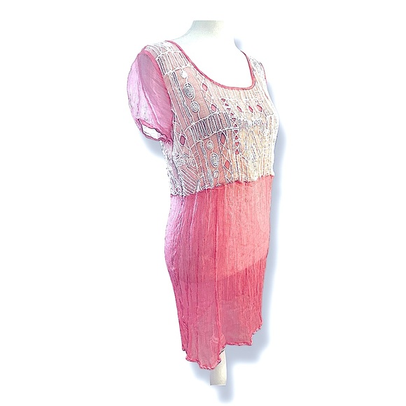 FREE PEOPLE💗Sheer pink ivory embroidered short sleeve tunic or dress XS - Picture 4 of 16